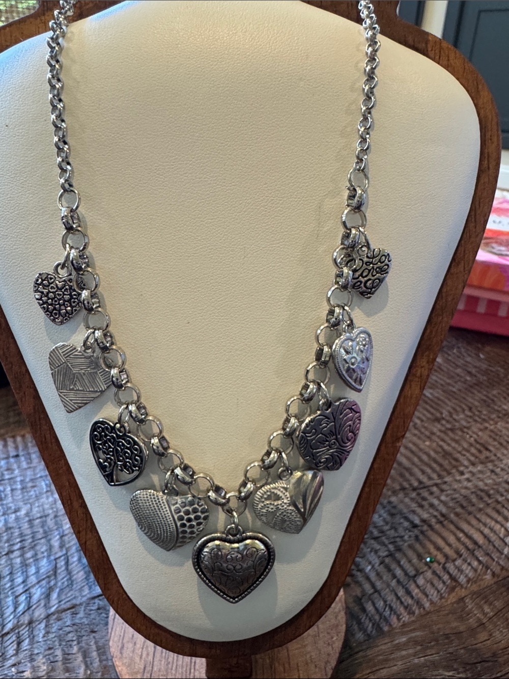 Vintage Silver Heart Charm Statement Necklace - Women's Jewelry
